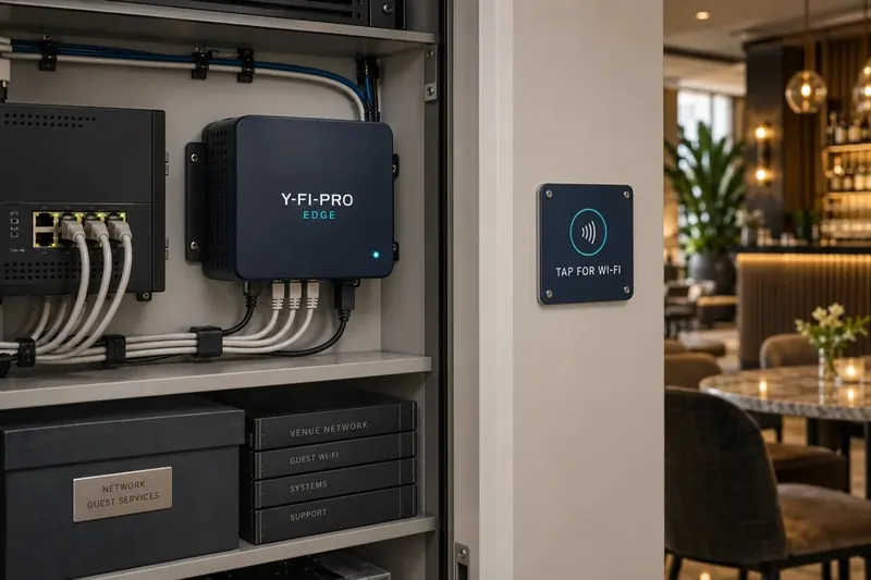 Concept image: a compact Y-Fi-Pro Edge unit mounted in a venue's network cupboard, beside a Tap for Wi-Fi wall plate.