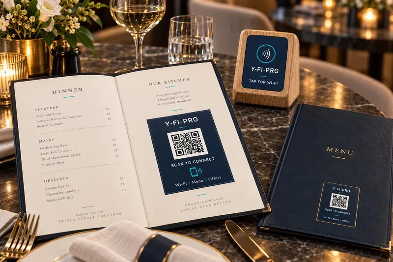 Concept image: restaurant menus with a Y-Fi-Pro Scan to Connect QR panel, and a small oak Tap for Wi-Fi stand on the table.